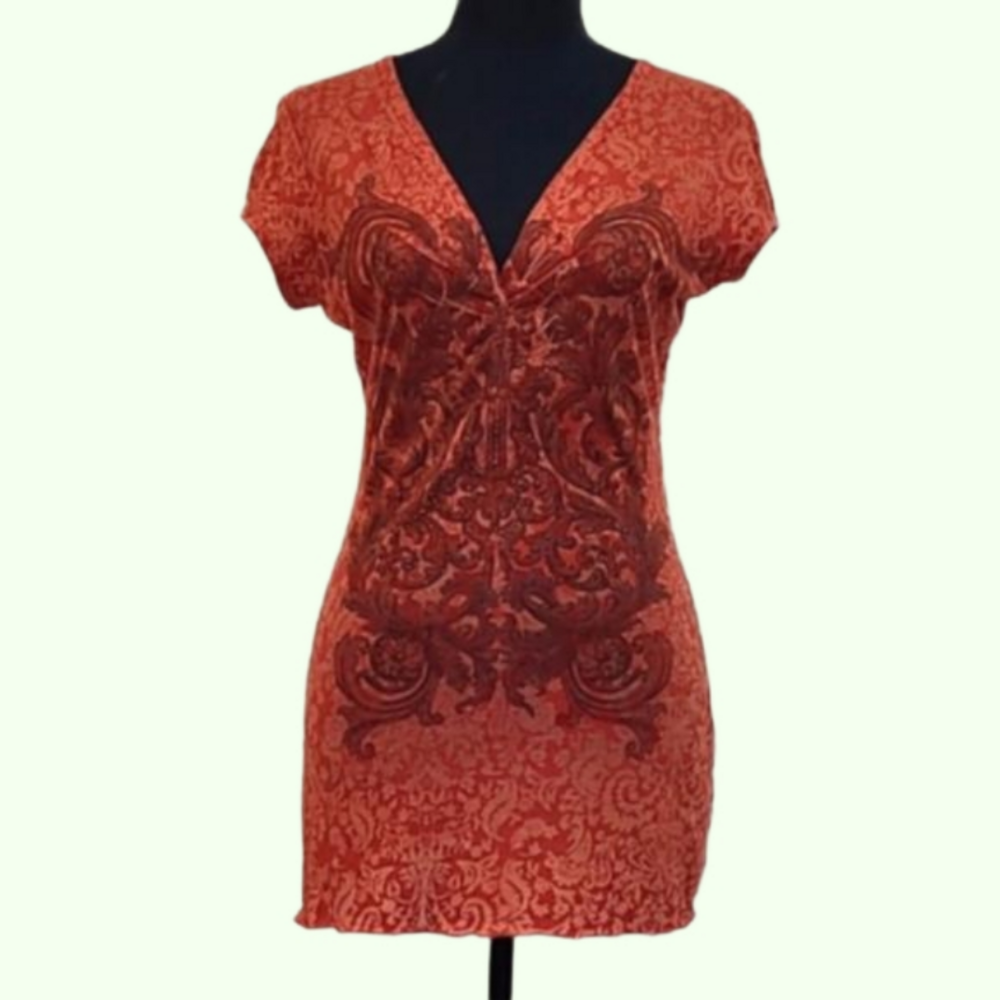 Maurices semi sheer orange short sleeve tee. V-neck with 2 snaps. Size M